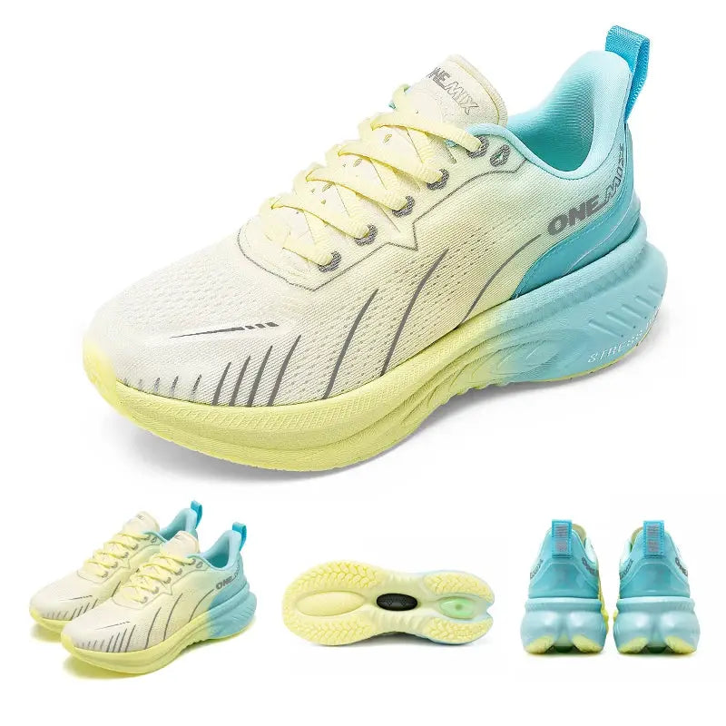 ONEMIX white road running shoes set of three views; air-cushioned trainer with yellow sole and teal heel, Simples Market