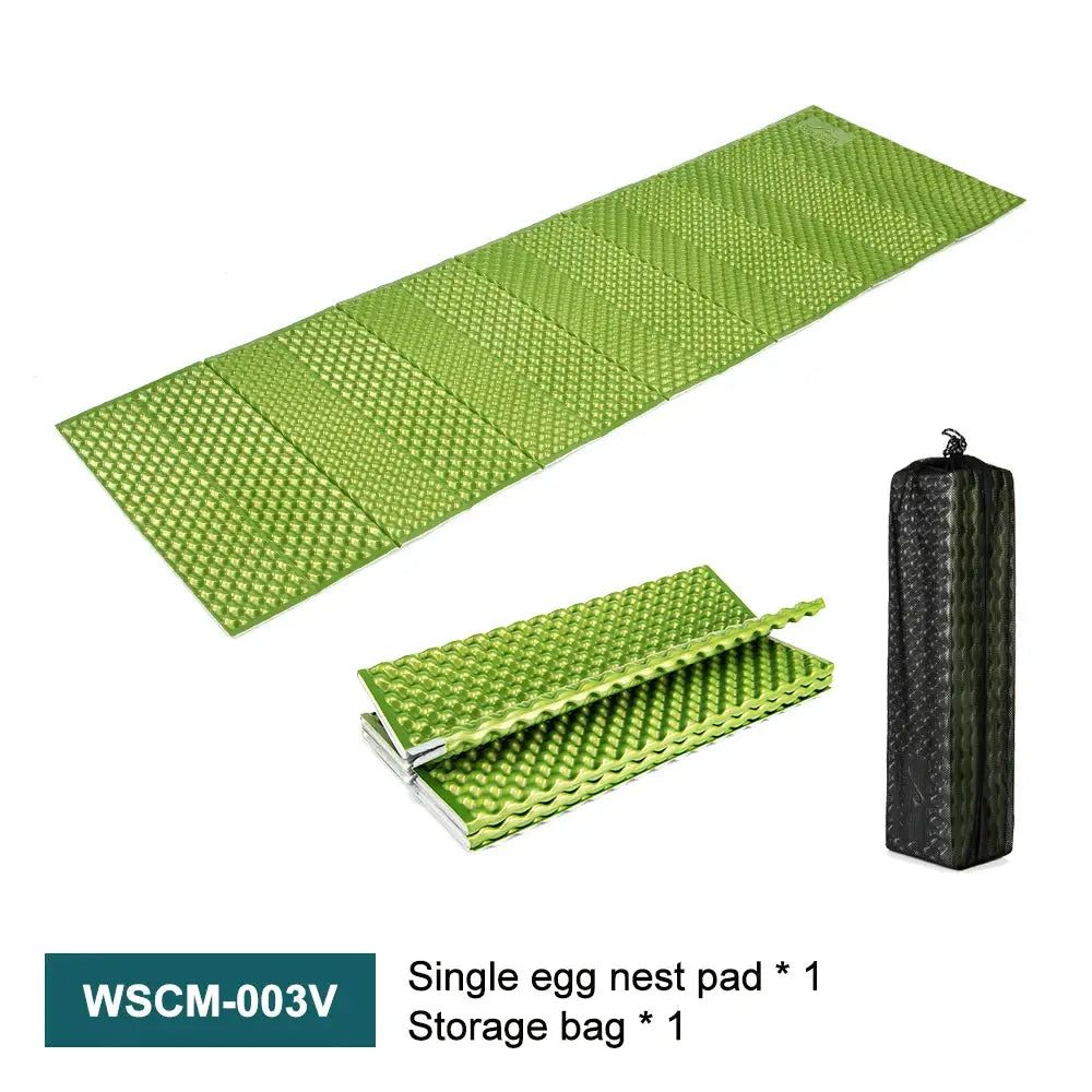 Ultralight folding egg-nest camping pad with storage bag; 1 pad and 1 bag in green.