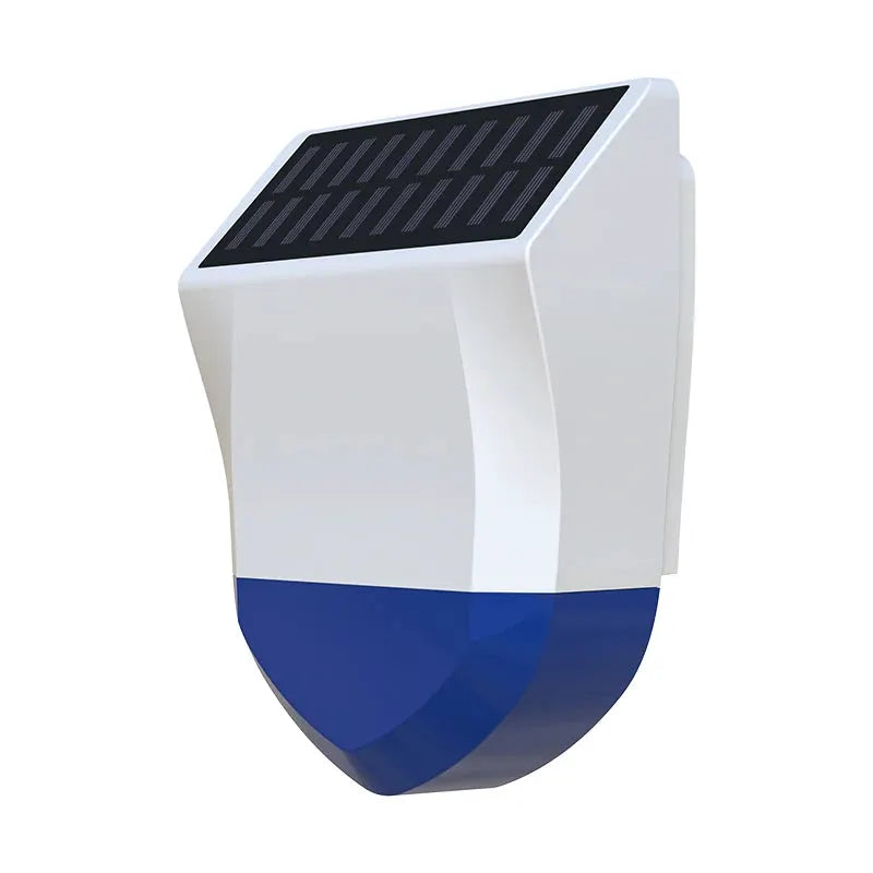 Outdoor solar siren alarm; white housing with blue bottom, 95dB, Tuya Smart Zigbee/Wifi