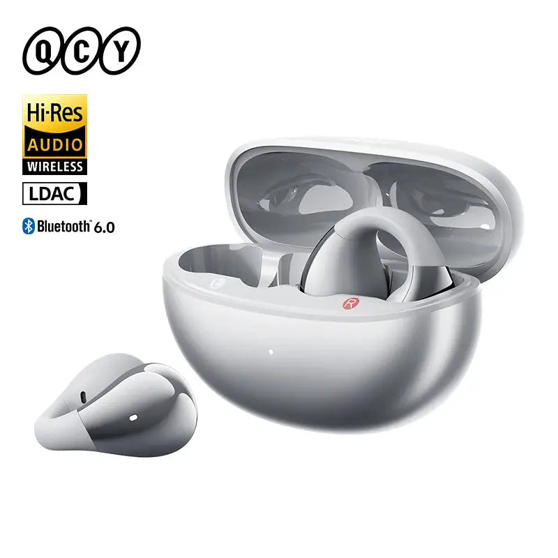 QCY Crossky C30S open-ear wireless earphones with charging case, silver finish, Bluetooth 6.0 LDAC Hi-Res.
