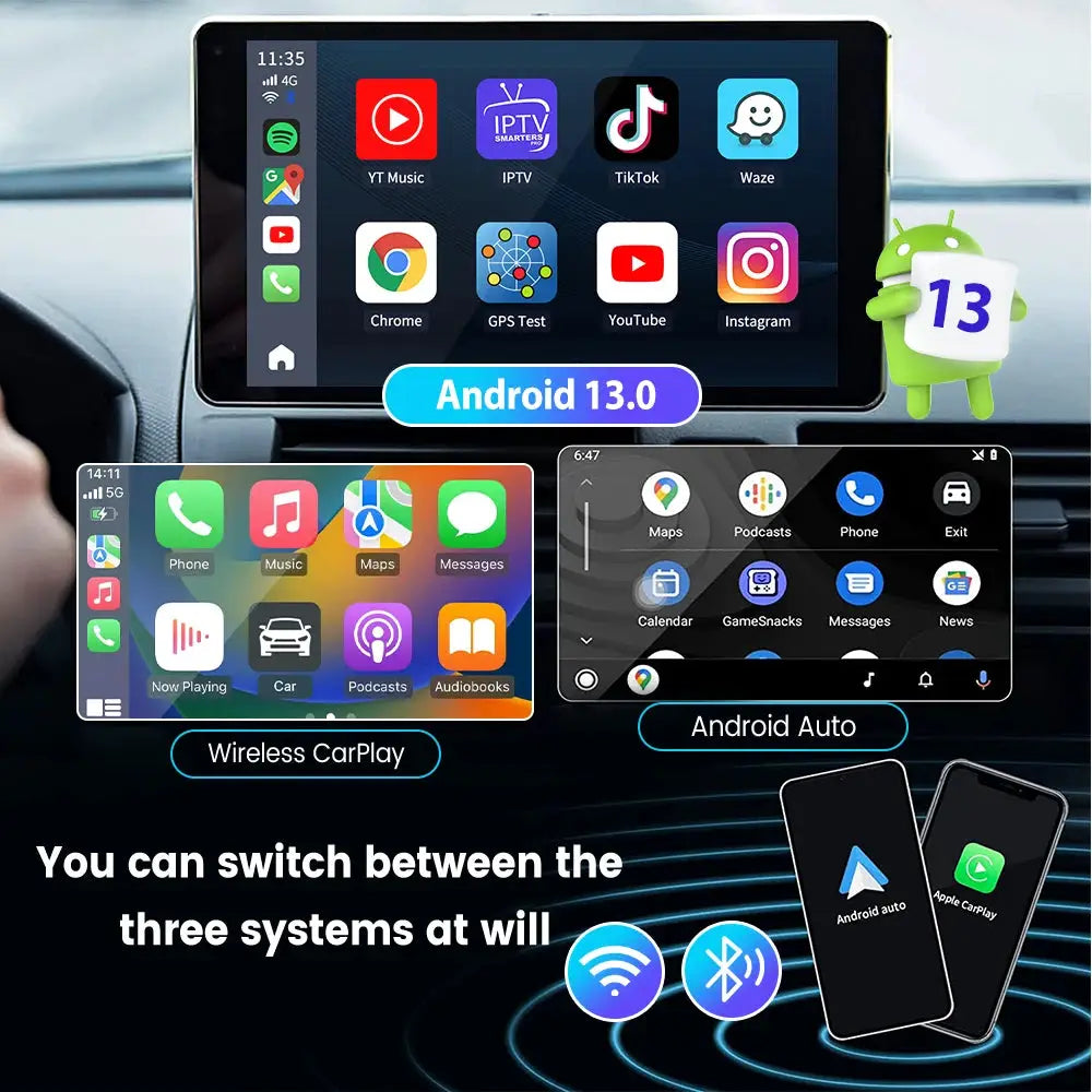 Android 13 CarlinKit Android Auto Wireless CarPlay AI TV Box by Simples Market, 8-core, 64/128GB, split-screen