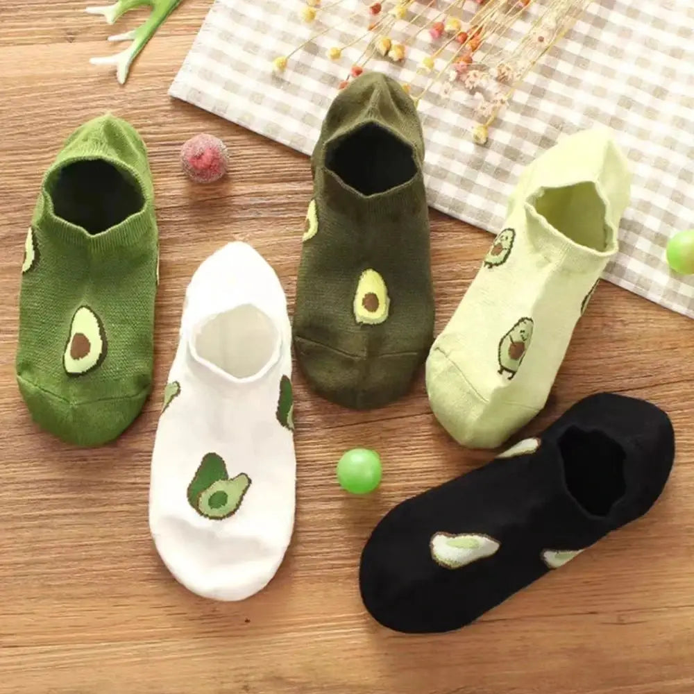 5 Pairs Avocado Crew Ankle Socks for Women Breathable Thin Knit Cartoon Fresh Kawaii Fashion