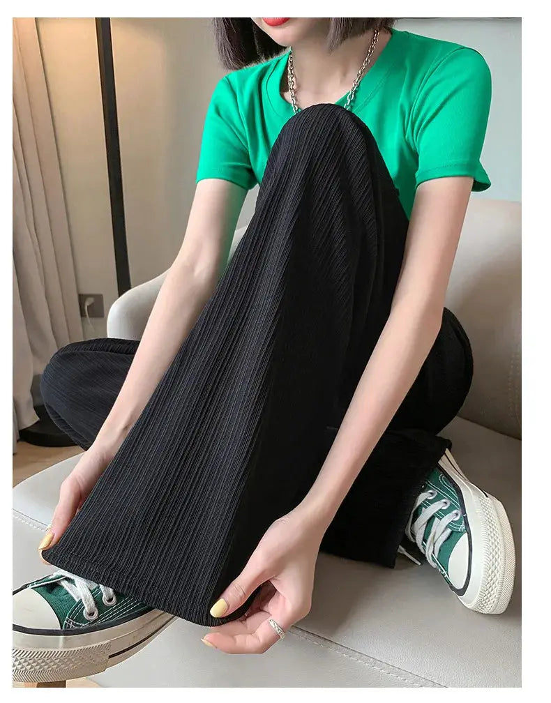 Thin Summer Wide-leg Pants by Simples Market; black elastic-waist, breathable fabric.