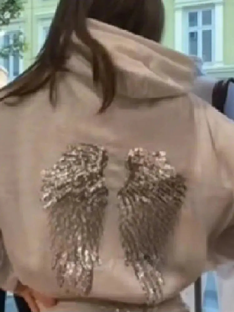 GlamAura Shinny Sequin Angel Wings Hooded Jacket Loose Casual Pullover With Dazzling Embellishments