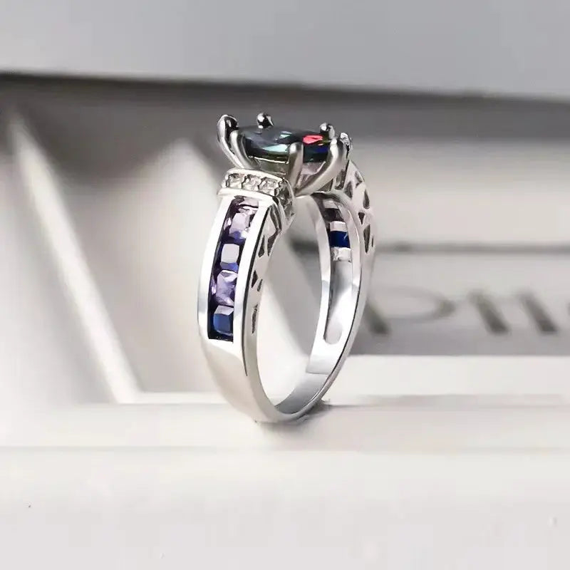 European And American Exquisite Multicolored Oval Zirconia Ring For Women Stylish And Trendy Jewelry