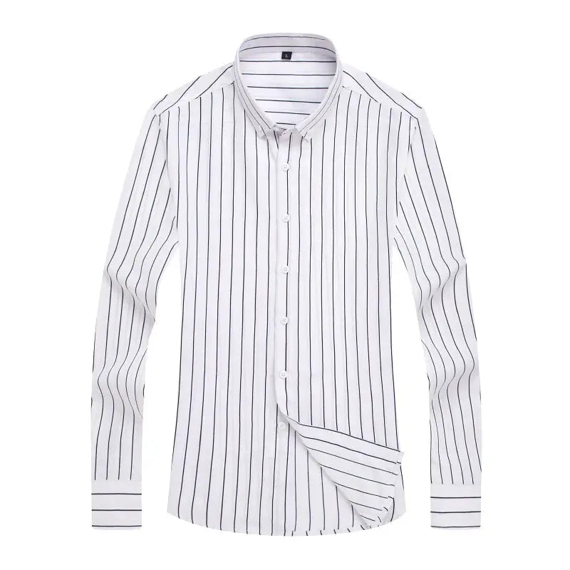 Men's striped shirt, white with navy vertical stripes, long sleeves, button-down, slim fit.
