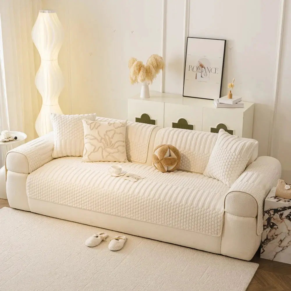 Sofa cover: thick cream geometric jacquard fleece for living room couch with matching cushions; anti-slip.
