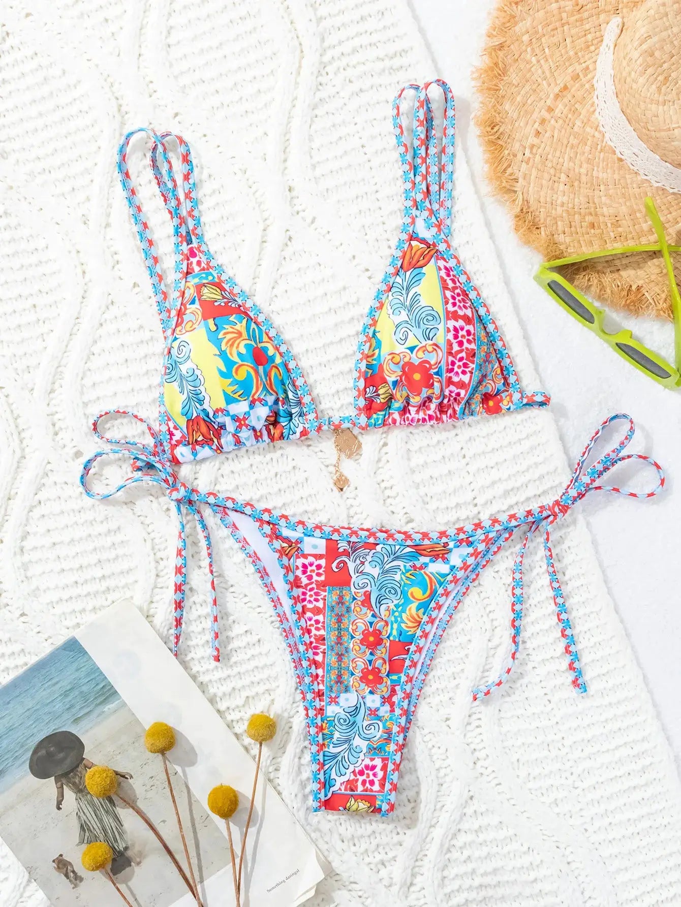Simples Market 2026 Floral Triangle Bikini Set with braided straps, push-up top and tie-side Brazilian bottoms