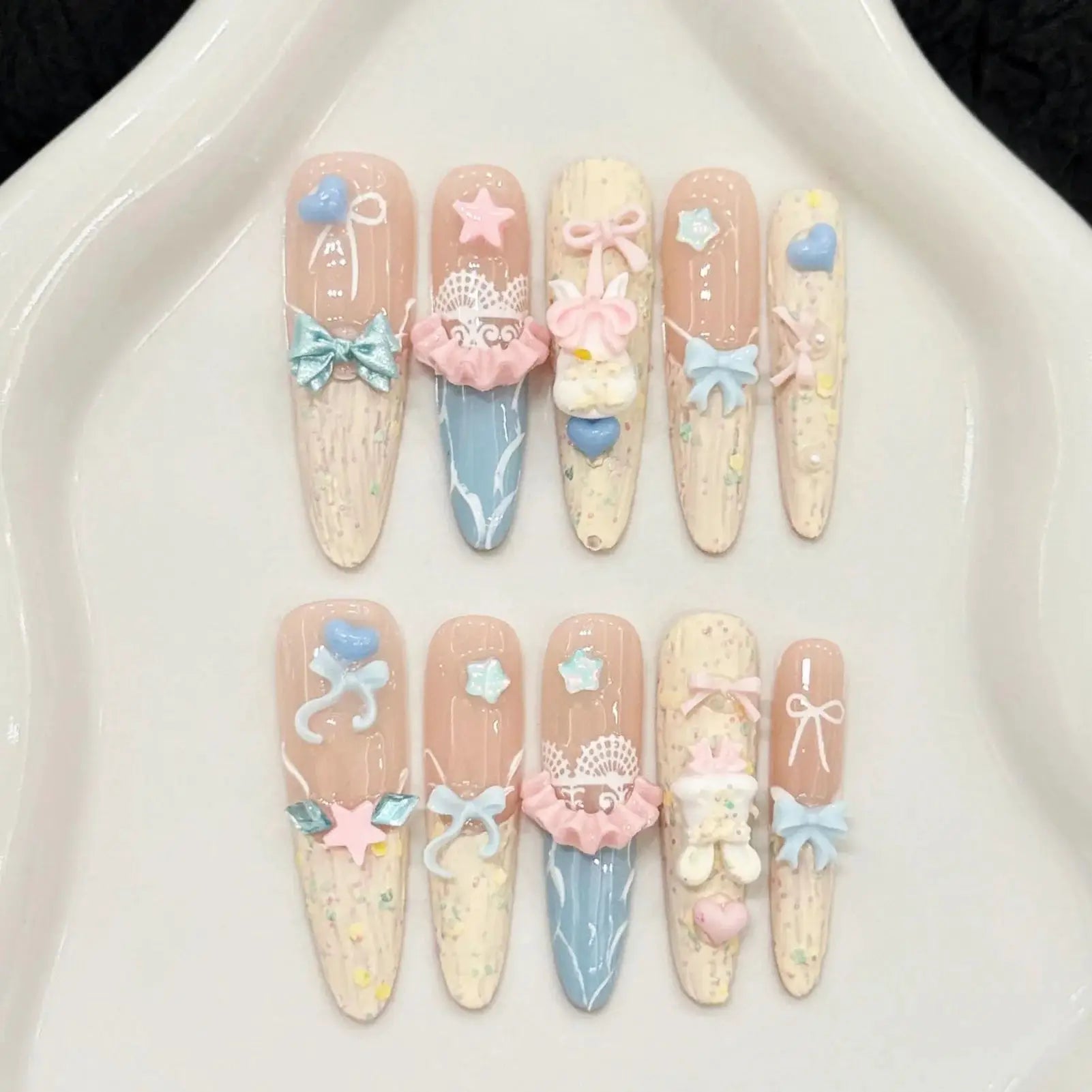 BearPaw Studio Handmade Press On Nails With Bear Paw Design Light Blue Almond Shaped Korean Inspired Aesthetic ABS