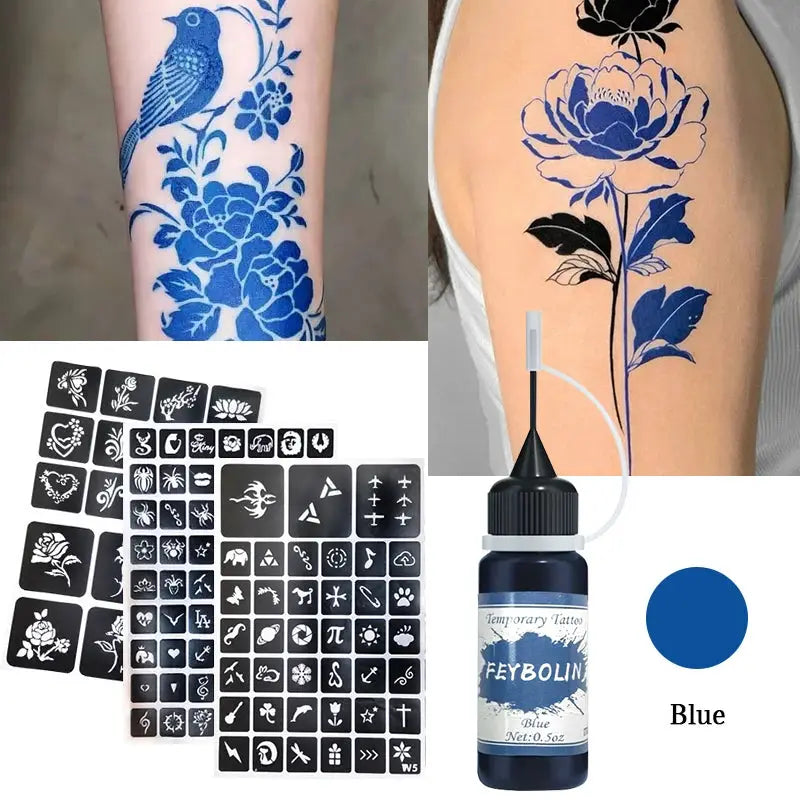 Long Lasting Temporary Tattoo Inks Kit With Three Tattoo Stickers Freehand Painting Gel For Face And Body