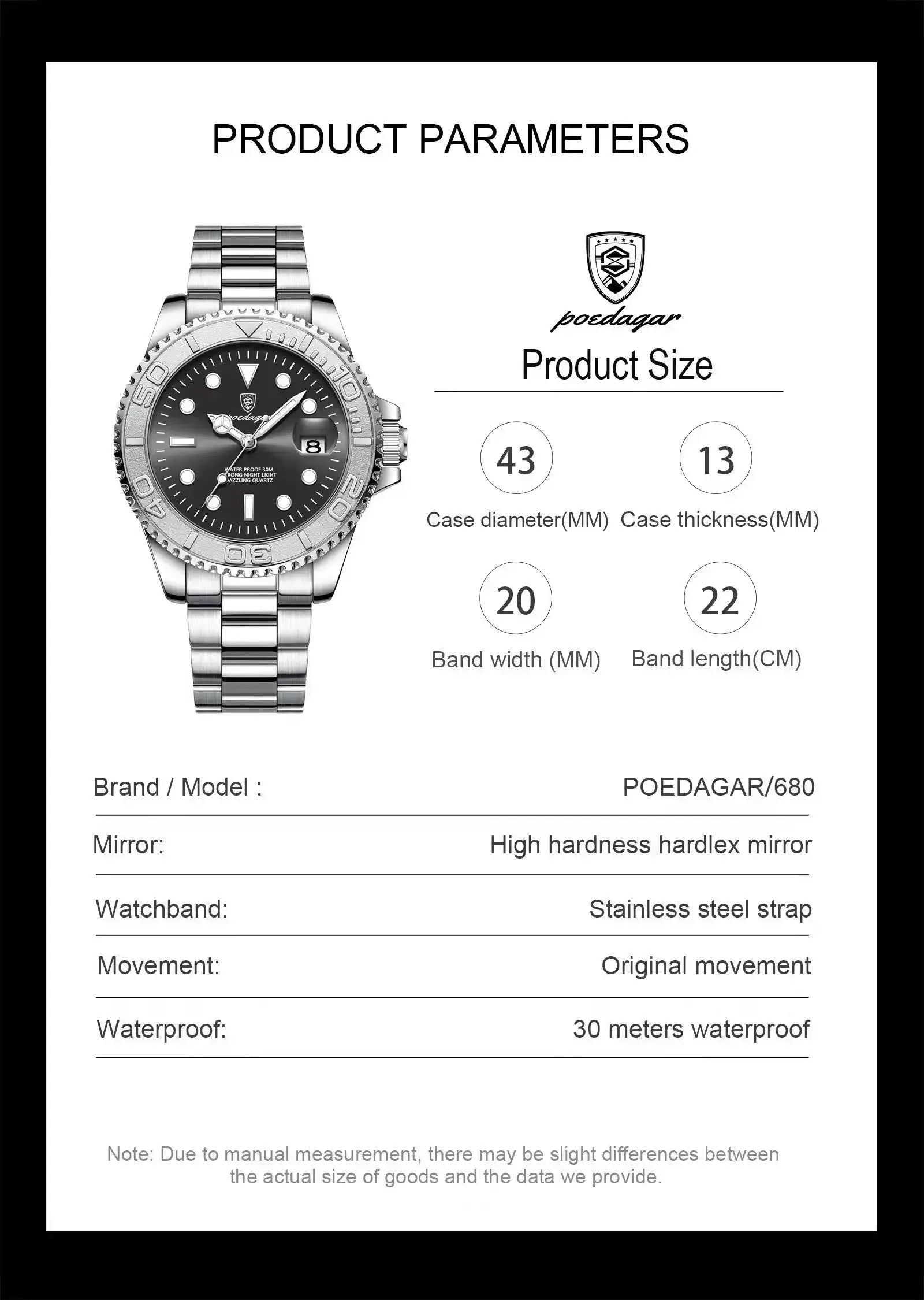 POEDAGAR stainless steel men's watch with black dial, date window and luminous markers; 30m water resistant