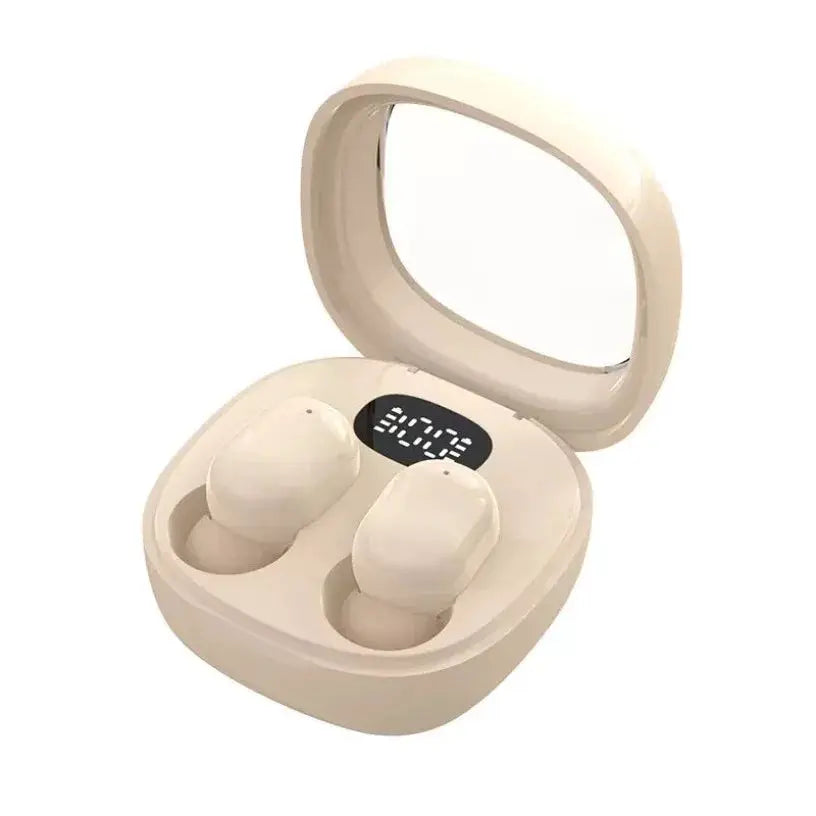 Beige VIKEFON wireless TWS earbuds in charging case with digital display