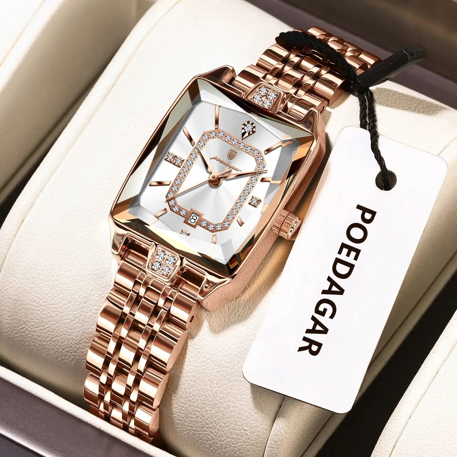 POEDAGAR rose-gold waterproof ladies' watch with crystal-embellished bezel and stainless steel bracelet