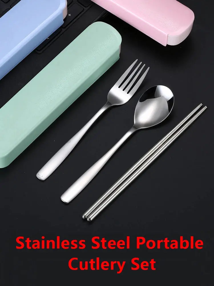 Stainless steel 3-piece portable cutlery set with fork, spoon and chopsticks in pastel cases