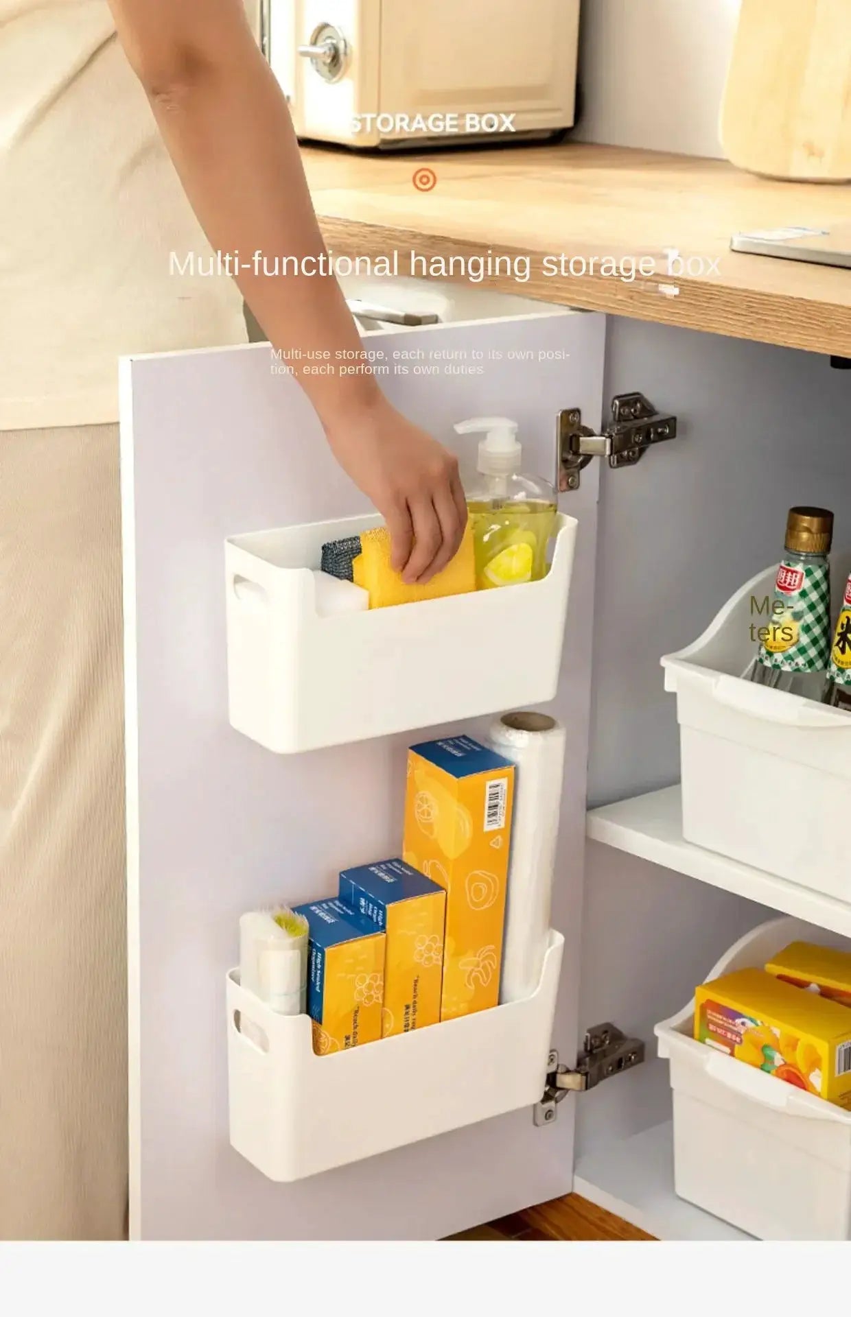 Simples Market white cabinet door hanging organizer with multiple pockets for kitchen storage; holds sponge, detergent and small bottles