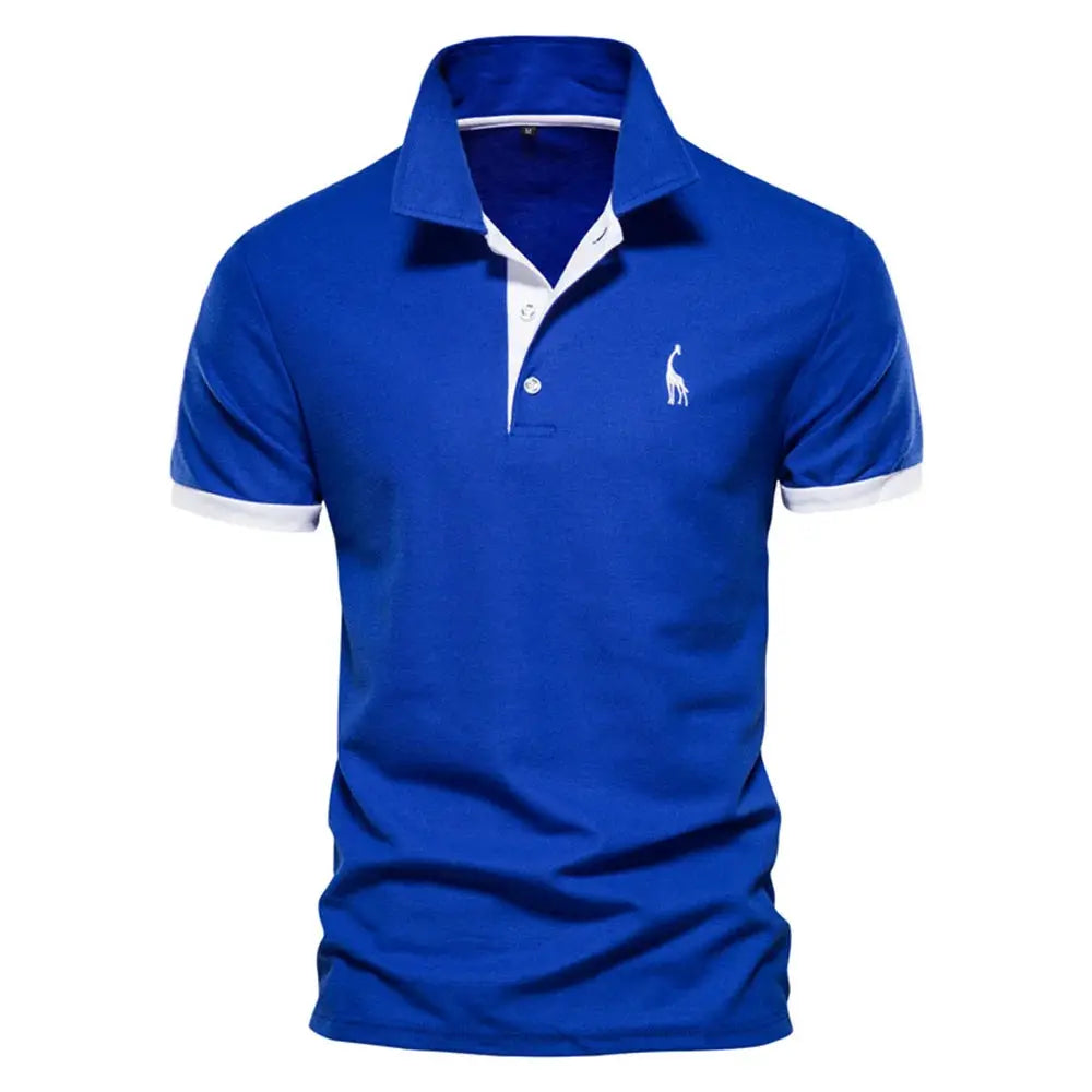 Polo shirt blue with white trim by Simples Market, short sleeves, giraffe embroidery