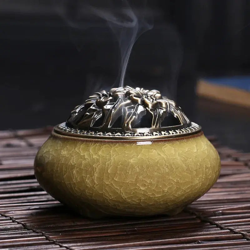 Ceramic Ice Crack Plate Incense Burner With Antique Copper Cover Aroma Diffuser Home Decor