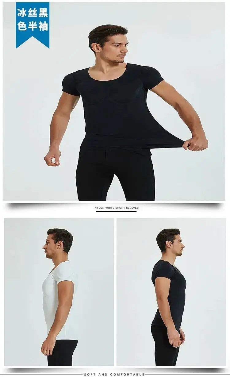 Simples Market men's body shaper undershirt with fake muscle pads; black and white short-sleeve tops (3 shown)