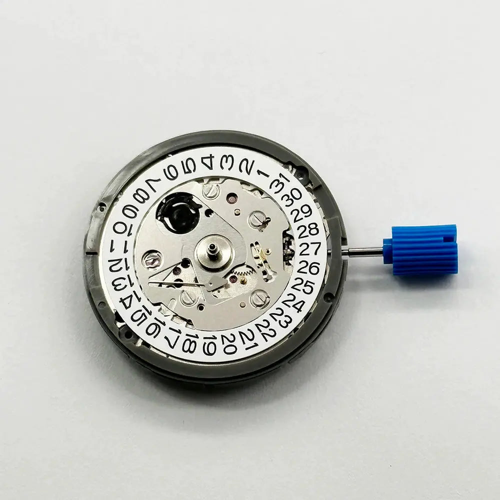 NH35A automatic watch movement with date at 3, Japan-made, 24 jewels, silver finish, blue crown.