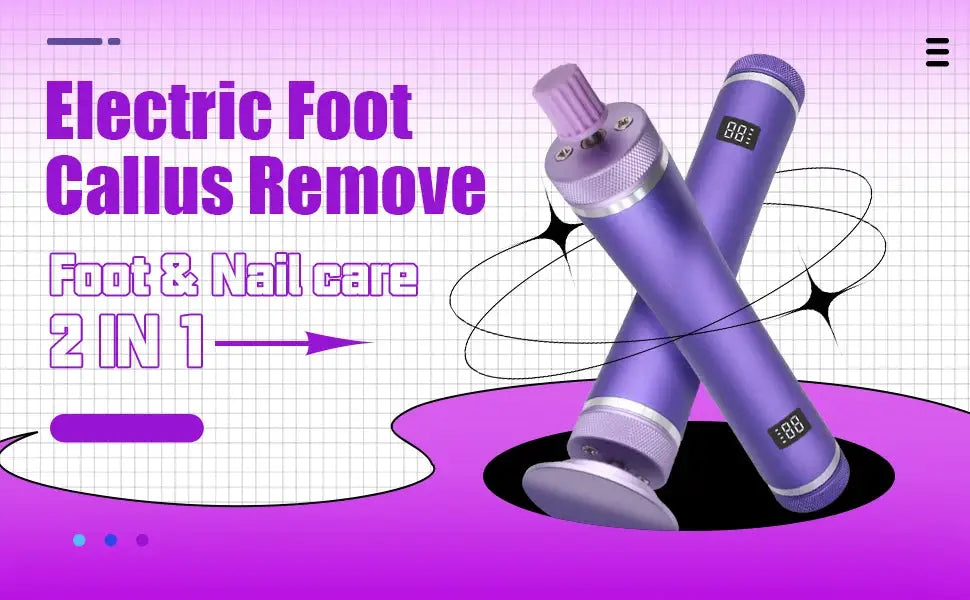Two purple USB-rechargeable electric foot callus removers with digital displays