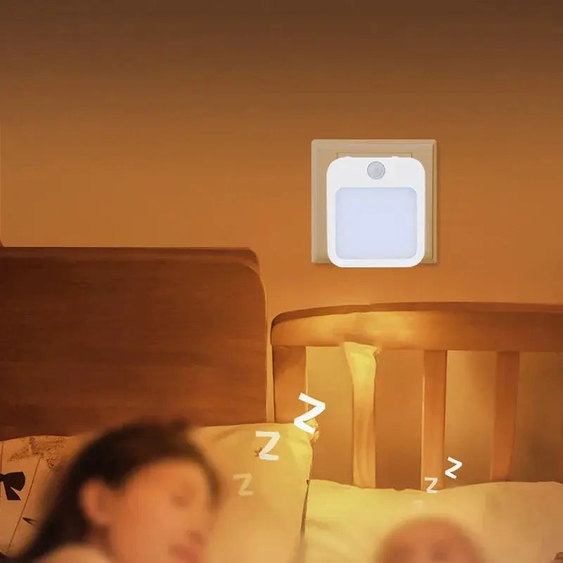 Night light with motion sensor by Simples Market, white square LED wall-mounted lamp with EU/US plug for bedside.