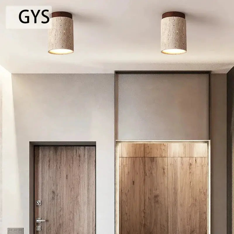 GYS Japanese style LED ceiling lamp, round stone-wood surface-mounted downlight for living room
