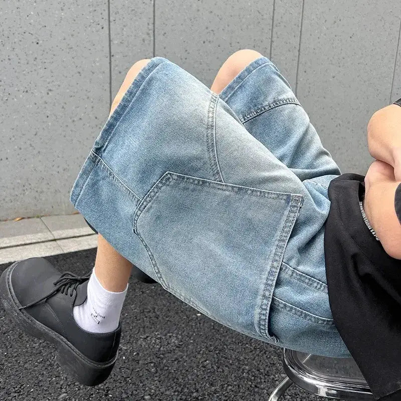 Baggy denim shorts, light vintage wash, casual straight fit for men