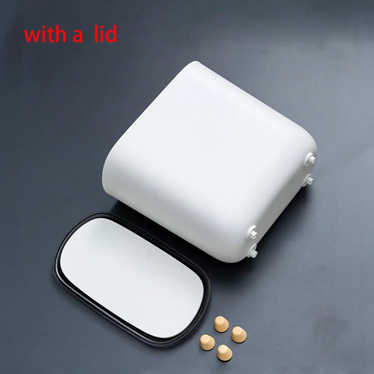 Narrow white bathroom trash can with lid and side press-ring closures