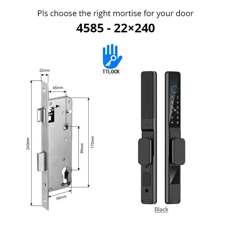 Waterproof sliding door smart lock set, black aluminum-glass, TTLock app, fingerprint and keypad (2 units shown)