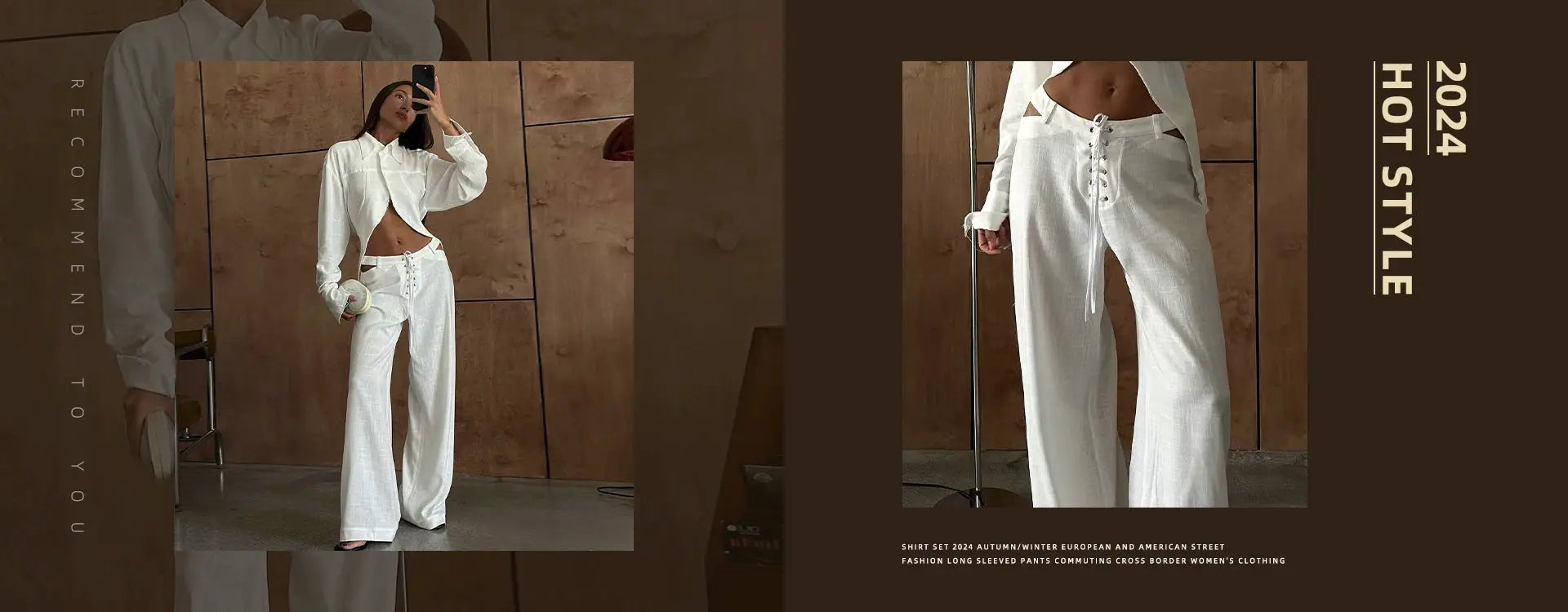 Clacive Fashion white cropped blouse with lapel and long sleeves, paired with high-waisted lace-up pants.