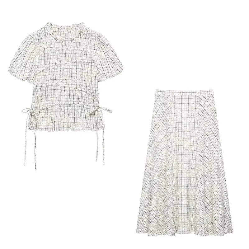 TFAFXY 2026 Summer Bow Plaid Embroidered Blouse And Midi Skirt Set Y2K