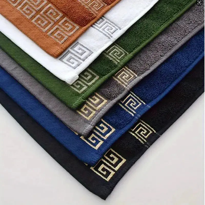 Towel set, multi-color with embroidered geometric border, 100% cotton for home or hotel use