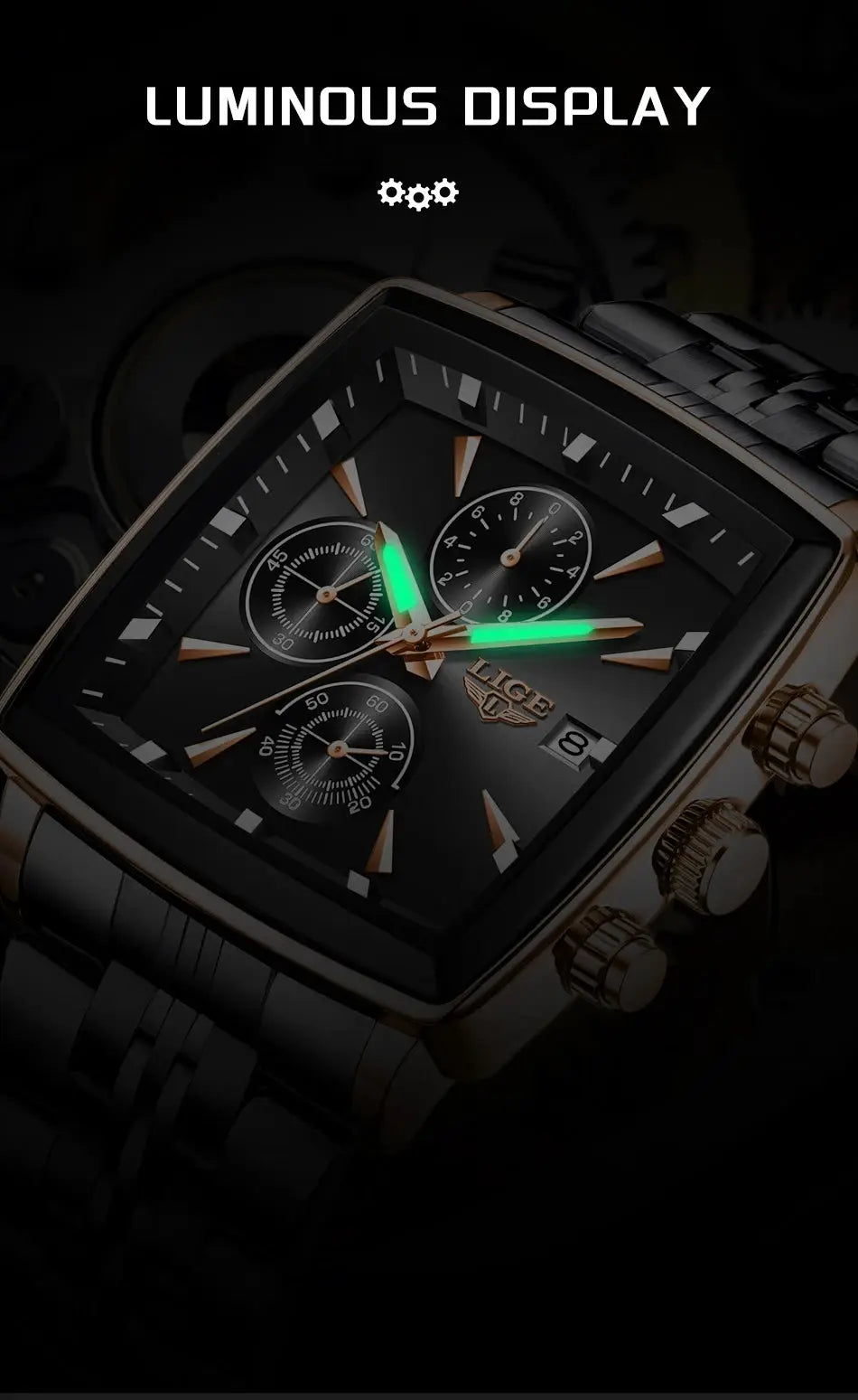 LIGE men's square-dial watch, stainless steel with gold bezel, green luminous hands, chronograph, date window, box