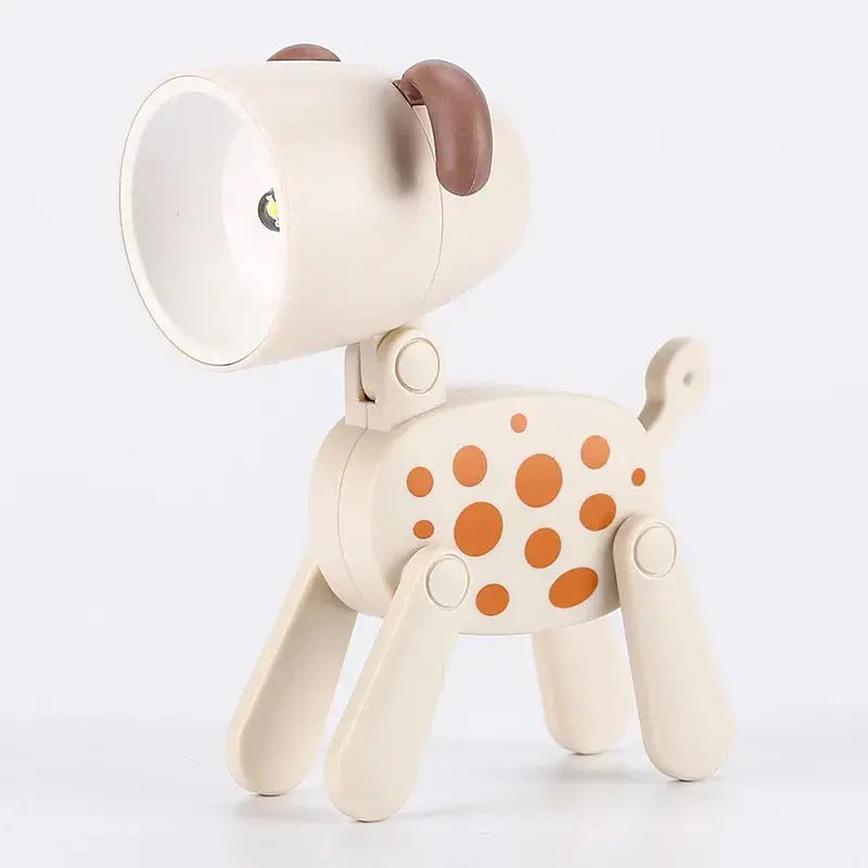 Beige wooden LED mini night light in a dog-deer foldable desk lamp with orange dots.