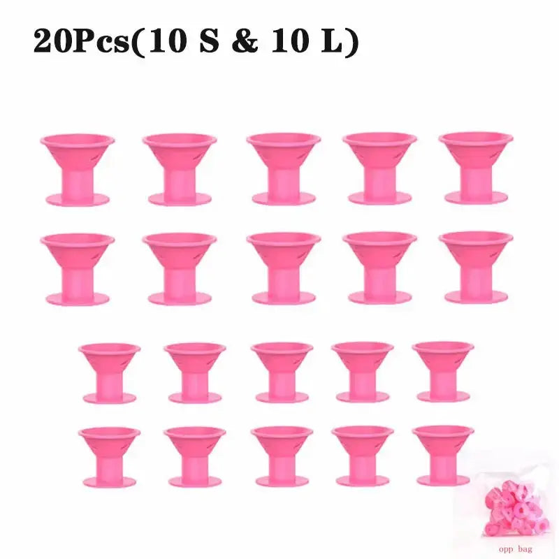 Soft pink silicone heatless hair curlers set, 20 pieces (10 small, 10 large) for DIY styling