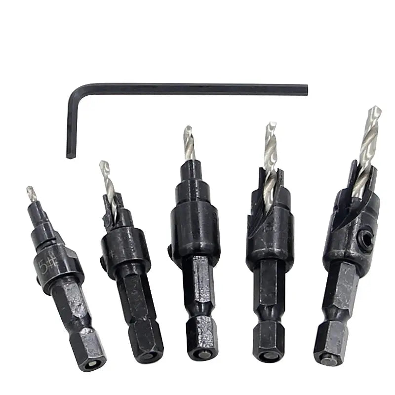 5pc Hexagon Screw Hole Opener Set With Countersink Drill Bit Taper for Woodworking and DIY Projects