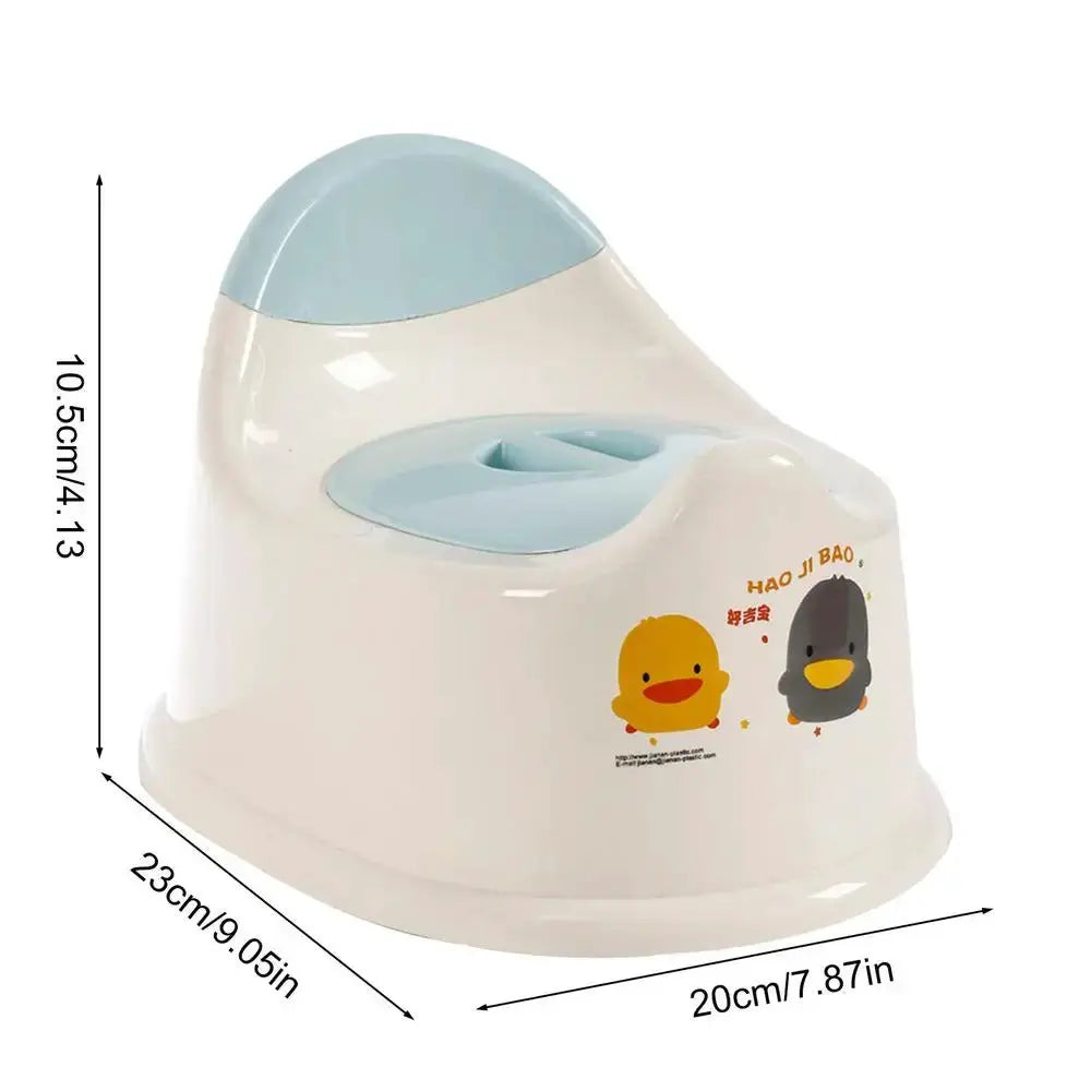 Toddler potty seat by Simples Market, white with light blue backrest and rim, cartoon ducks