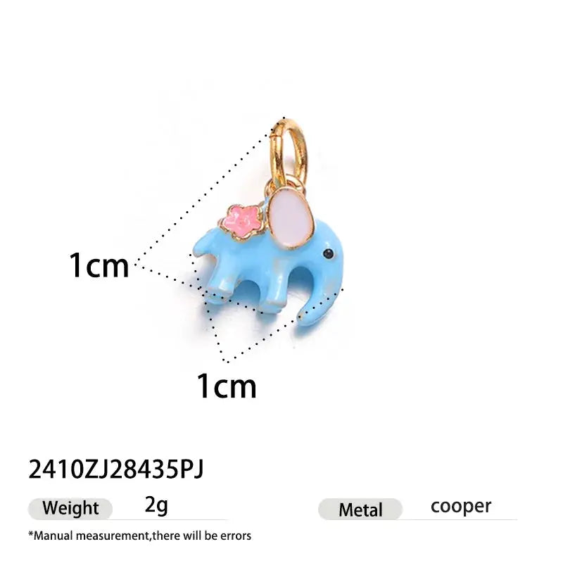 Blue elephant pendant on a gold-tone single hoop earring with pink flower accent; Simples Market