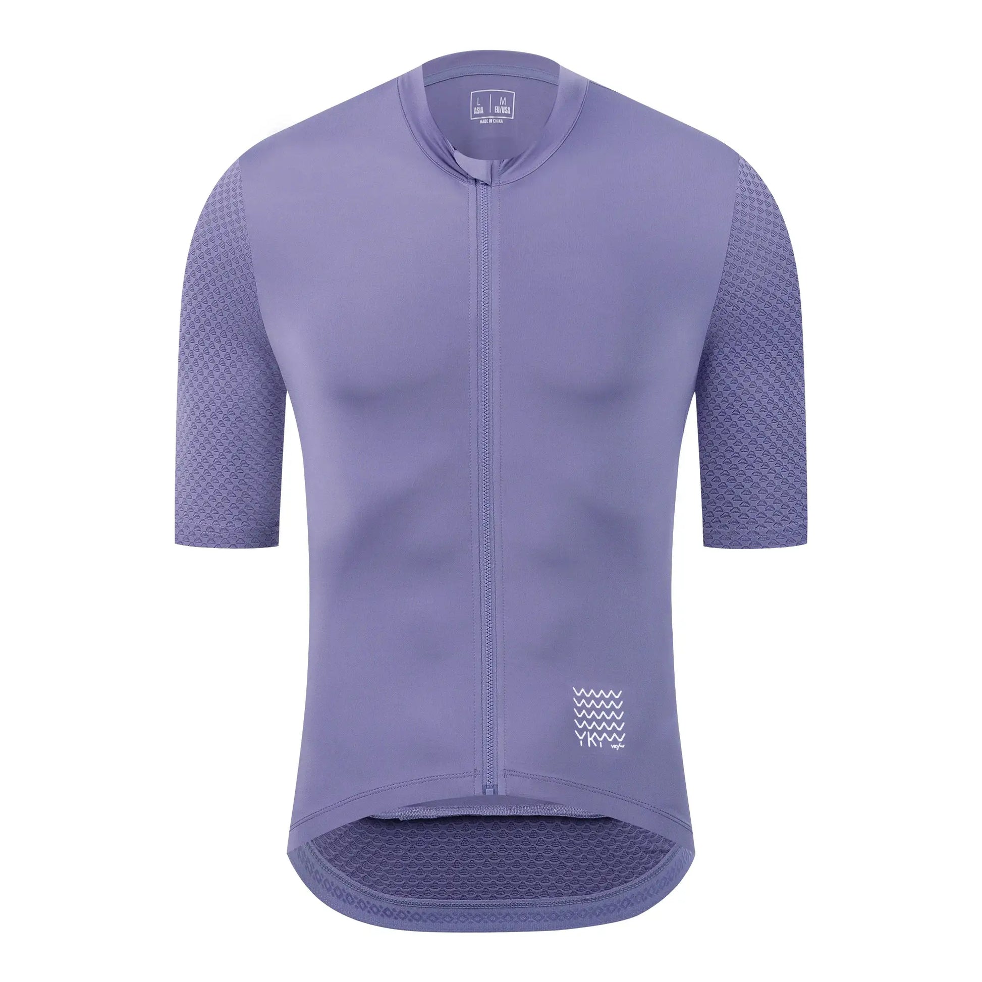 Men's purple cycling jersey, short sleeves, full-zip front, breathable fabric with dotted patterned sleeves.