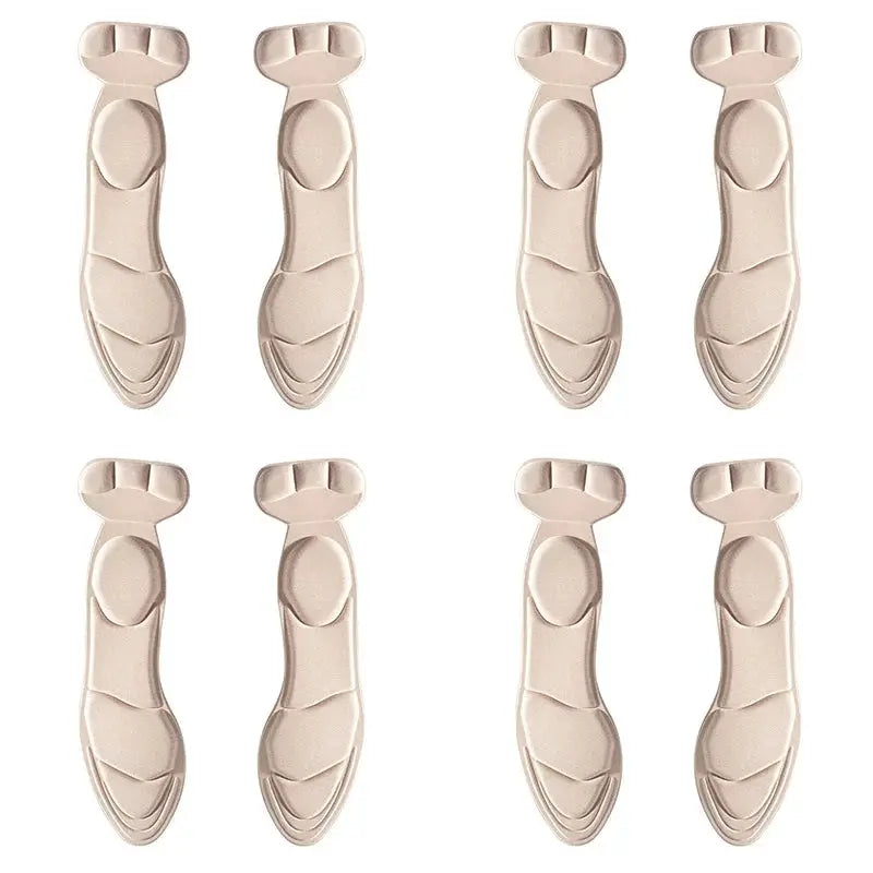 Eight beige memory foam insoles for women's high heels with anti-slip, breathable heel protection.