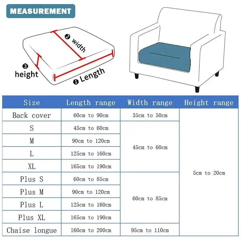 Simples Market sofa cushion cover back combination kit; blue cushion on white armchair with measurement chart