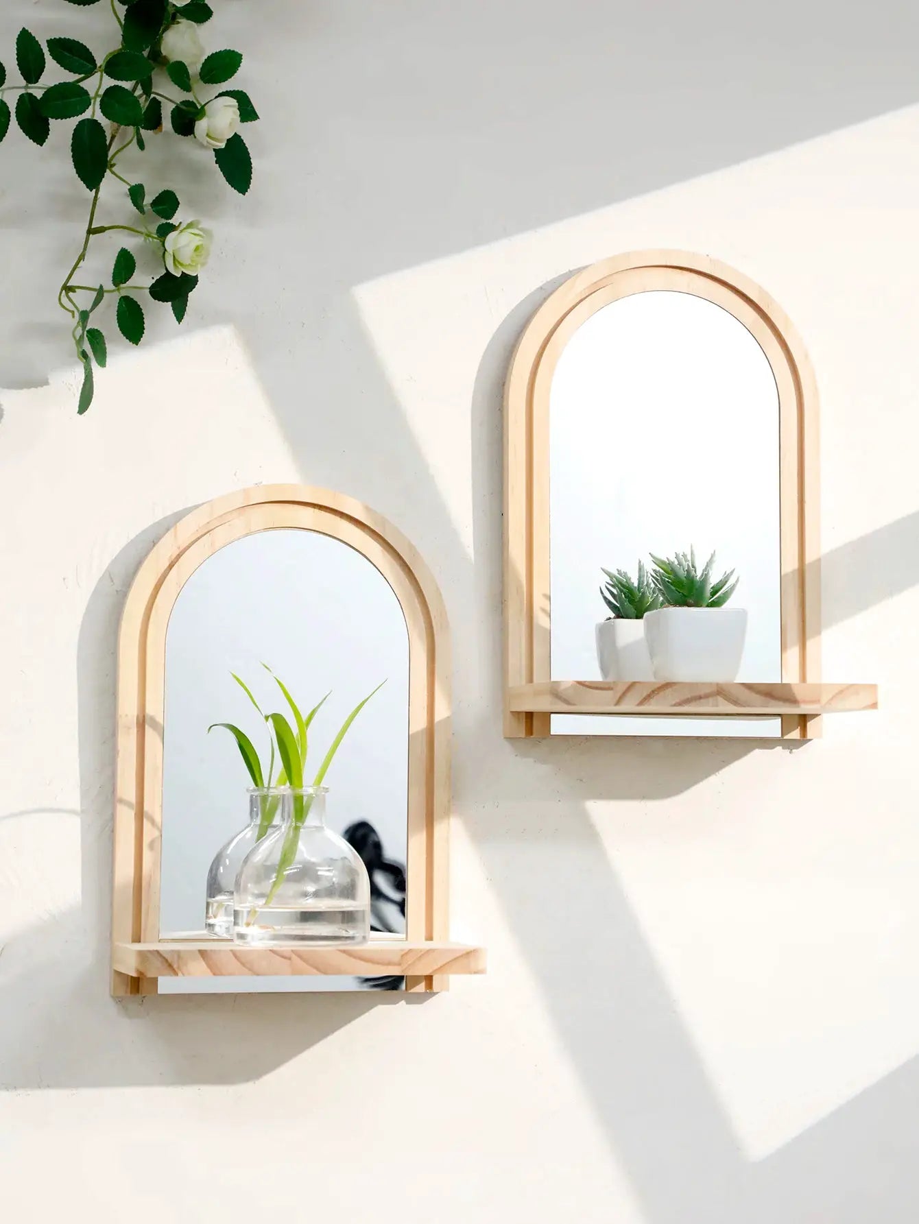 2pc Boho-style wooden arch wall shelves with mirrored backs; natural finish for plant displays