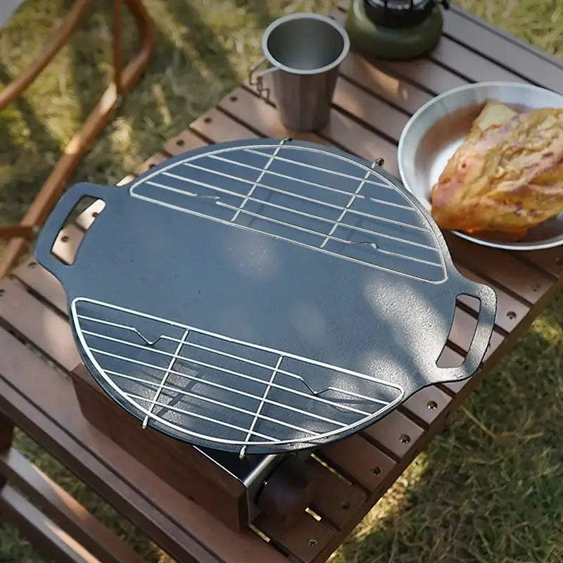 Simples Market outdoor round stainless steel grill pan with dual rack and side handles