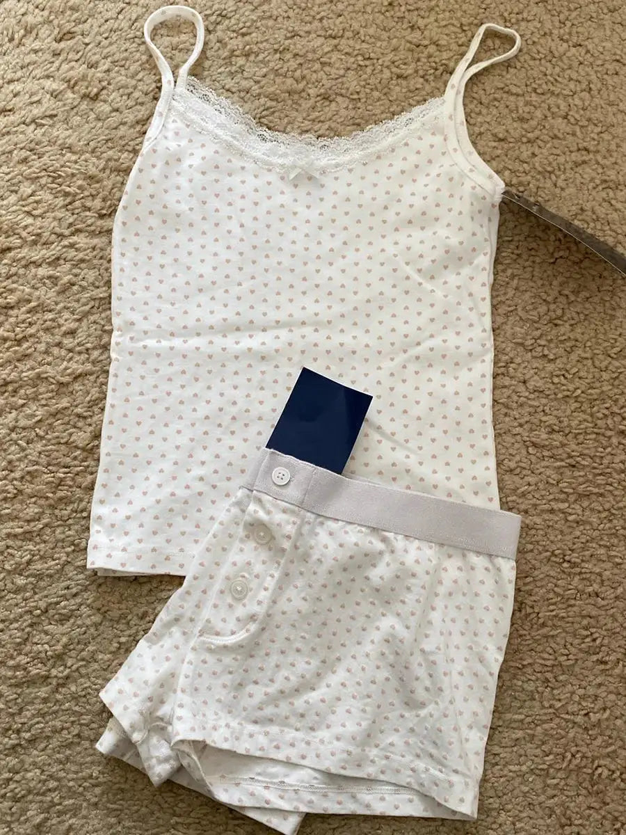 Strawberry Print Vest And Shorts Set For Women Eyelet Bow Tank Top