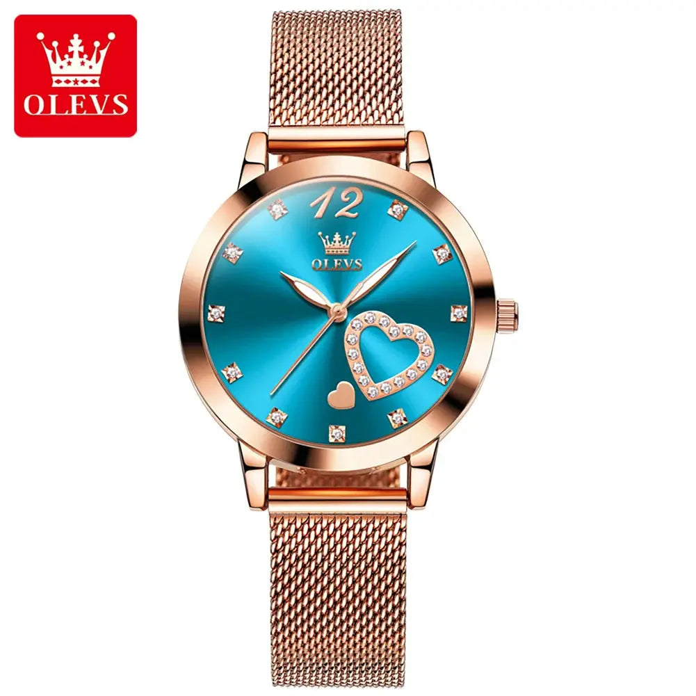 OLEVS women's quartz watch with rose-gold mesh band, turquoise dial and heart crystal motif