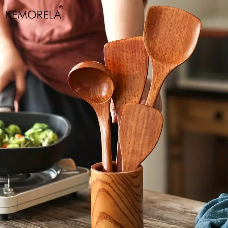 Kemorela 4 Piece Kitchen Utensil Set Wooden Cooking Tools Spatula Spoon Scoop Nonstick Safe For Nonstick Pans