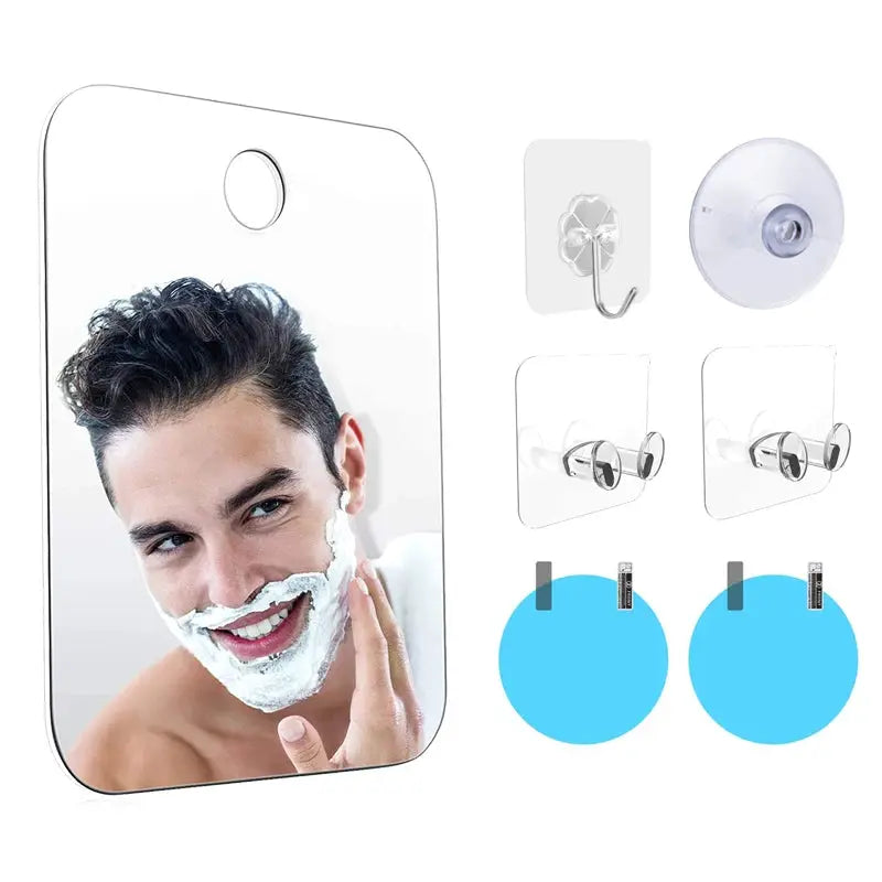 Acrylic fogless shower mirror by Simples Market with two suction hooks and mounting discs