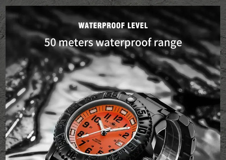Addies men's military outdoor watch with orange dial, luminous markers, black bezel, nylon steel strap, 50m waterproof.