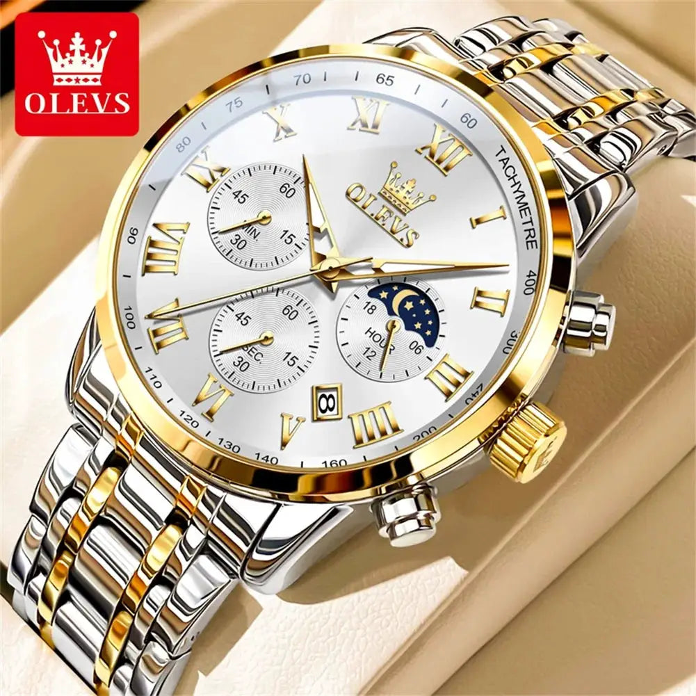 OLEVS 5529 men's watch with two-tone stainless steel bracelet, white dial, Roman numerals, chronograph, lunar phase.