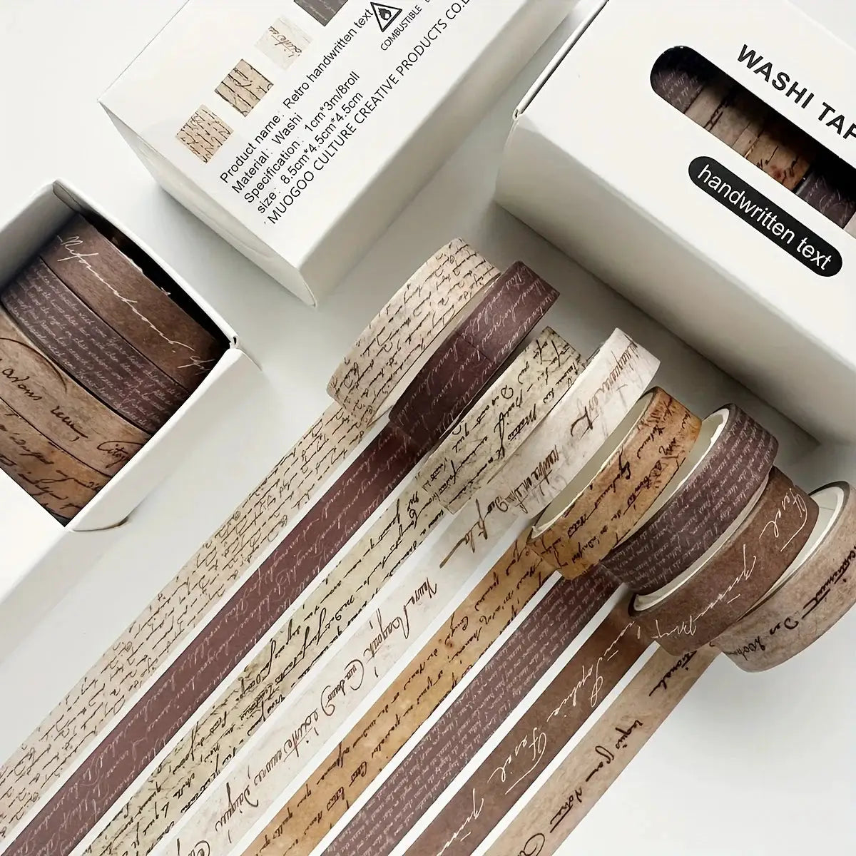 Washi tape 20-roll set with handwritten-script patterns in beige and brown tones, boxed